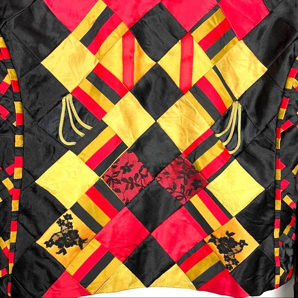 Vintage Patchwork Lace Quilted Jacket Red Yellow … - image 5